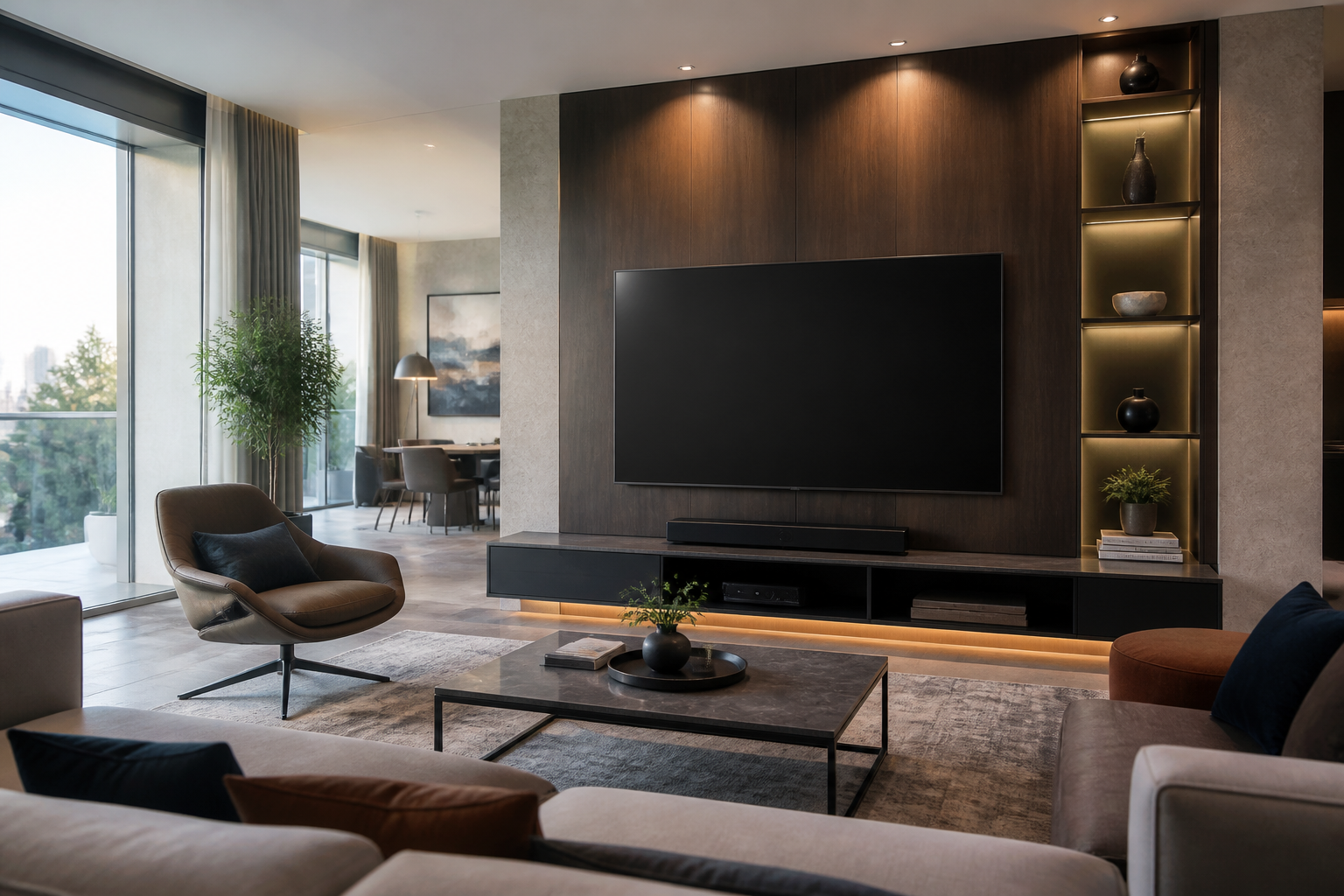 Sala moderna com televisão de tela grande
